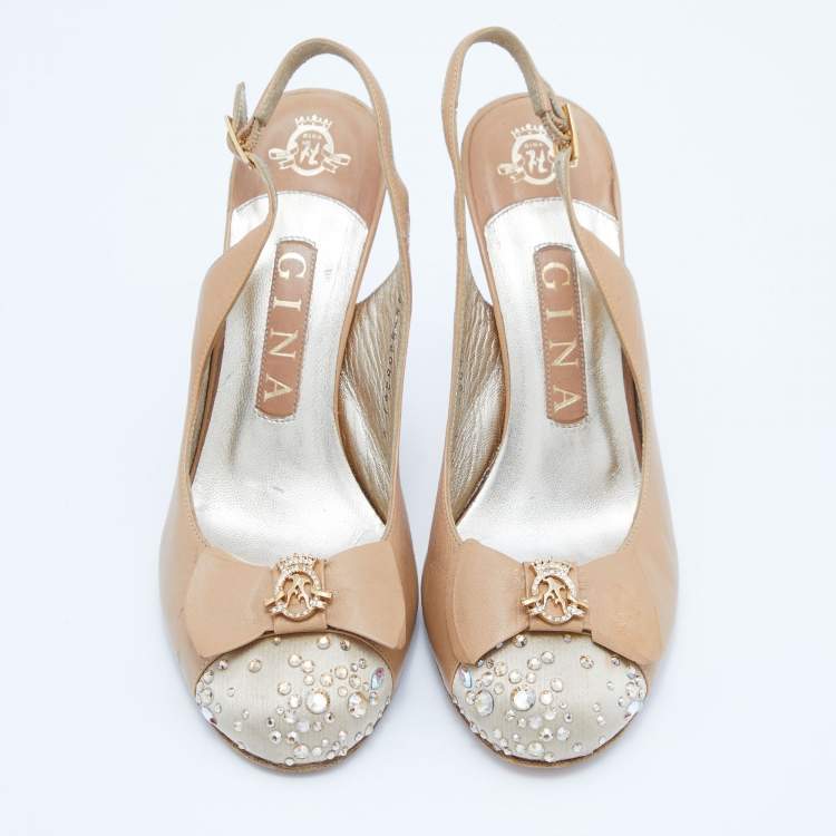 Pre Owned Gina Beige Leather and Satin Crystal Embellished Slingback Sandals Size 37