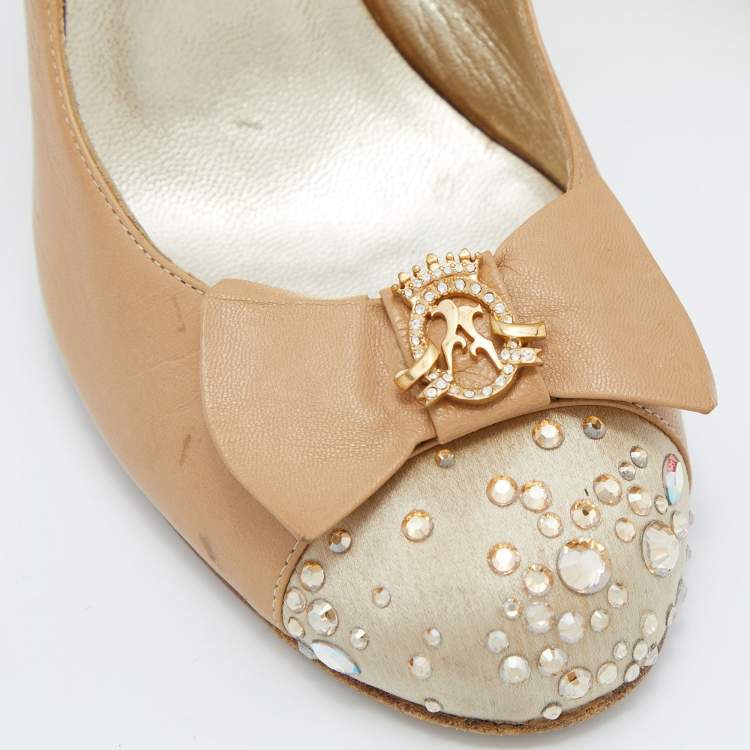 Pre Owned Gina Beige Leather and Satin Crystal Embellished Slingback Sandals Size 37