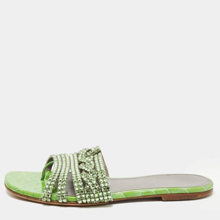 Pre Owned Gina Green Crystal Embellished Leather Flat Slides Size 38.5