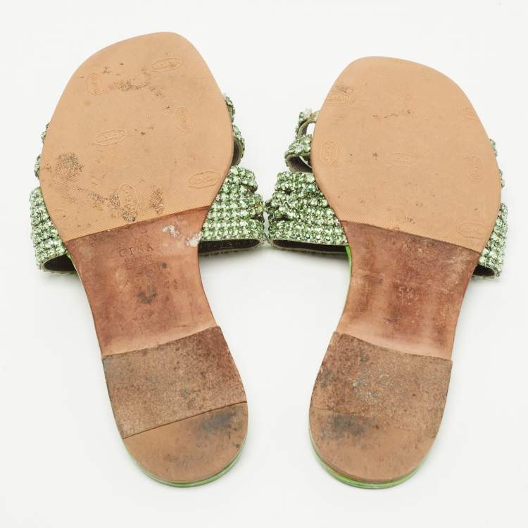 Pre Owned Gina Green Crystal Embellished Leather Flat Slides Size 38.5