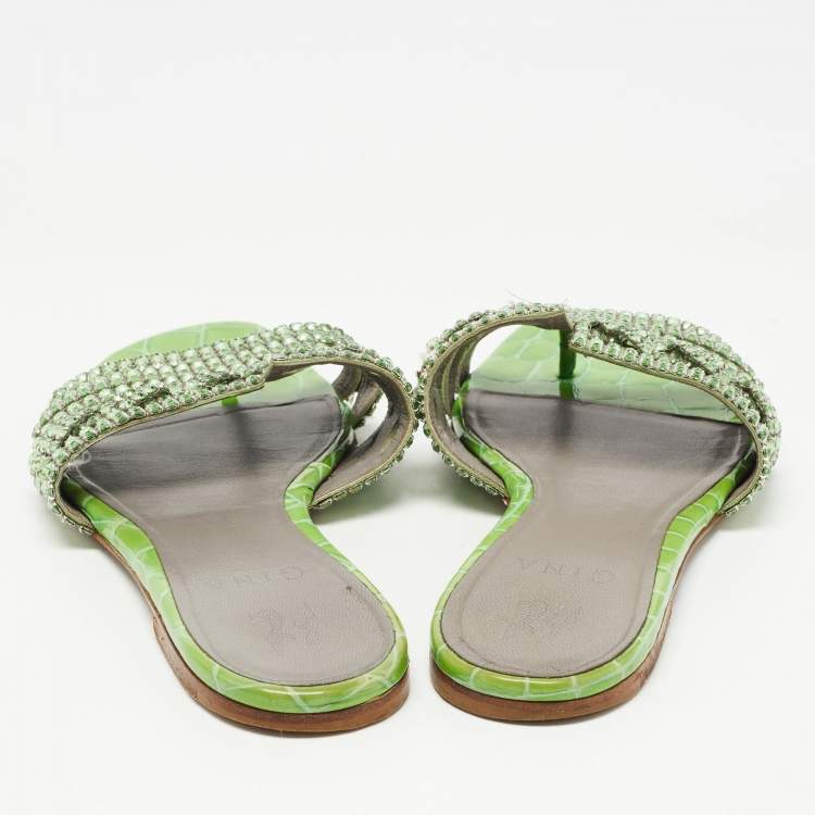 Pre Owned Gina Green Crystal Embellished Leather Flat Slides Size 38.5