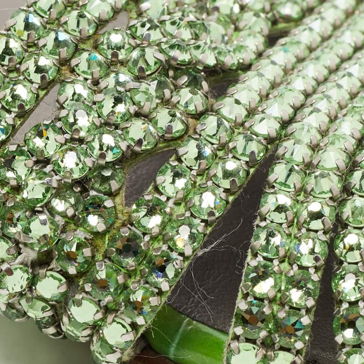 Pre Owned Gina Green Crystal Embellished Leather Flat Slides Size 38.5
