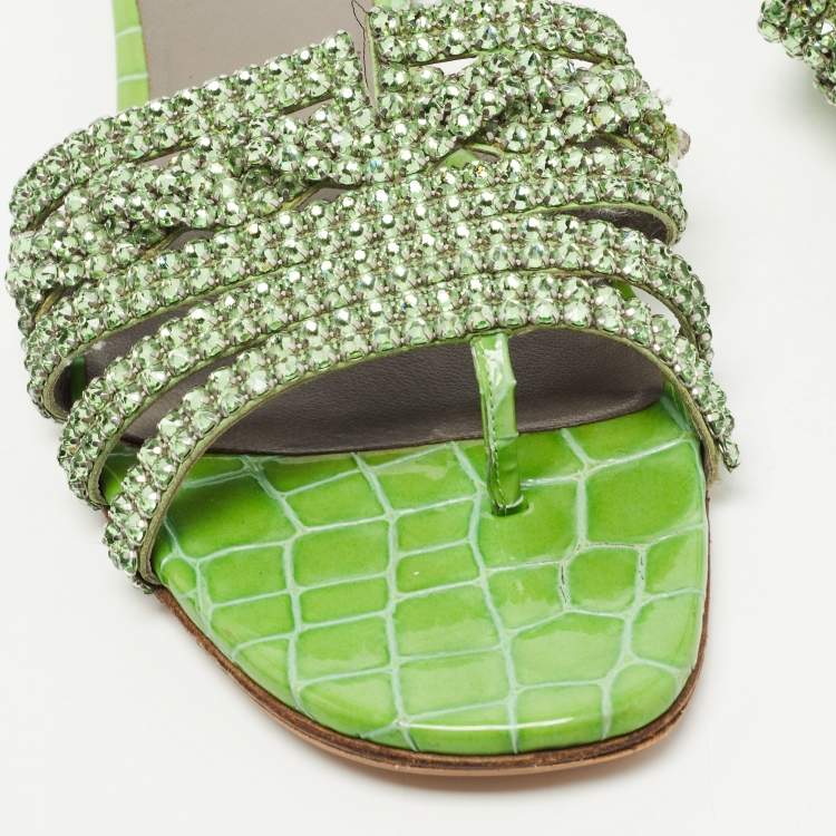 Pre Owned Gina Green Crystal Embellished Leather Flat Slides Size 38.5