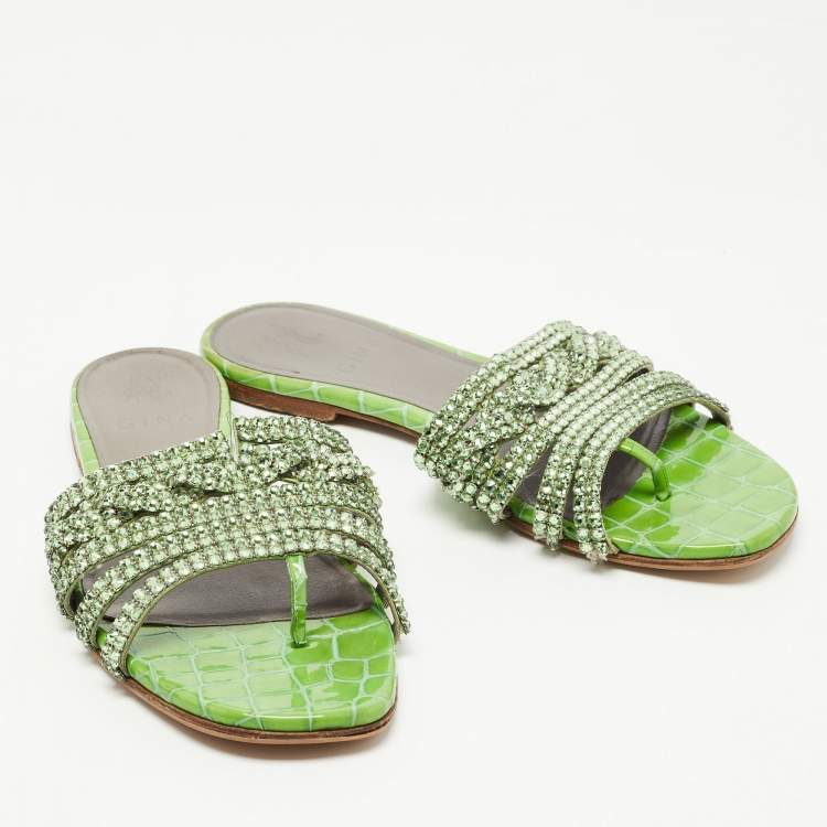 Pre Owned Gina Green Crystal Embellished Leather Flat Slides Size 38.5