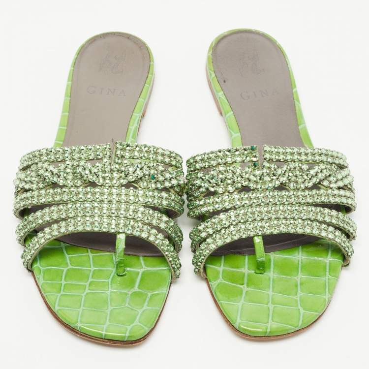 Pre Owned Gina Green Crystal Embellished Leather Flat Slides Size 38.5