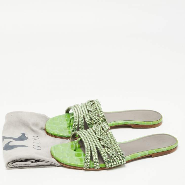 Pre Owned Gina Green Crystal Embellished Leather Flat Slides Size 38.5