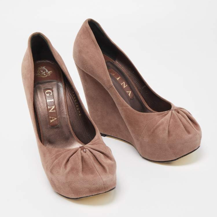 Pre Owned Gina Dusty Pink Pleated Suede Wedge Pumps Size 38