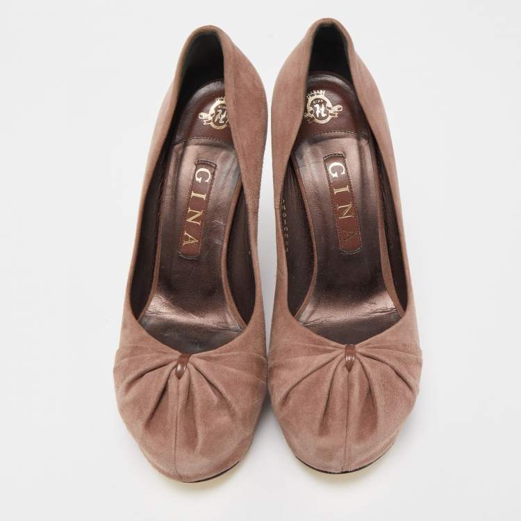 Pre Owned Gina Dusty Pink Pleated Suede Wedge Pumps Size 38
