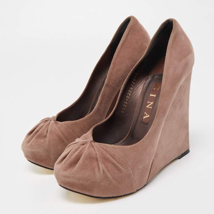 Pre Owned Gina Dusty Pink Pleated Suede Wedge Pumps Size 38
