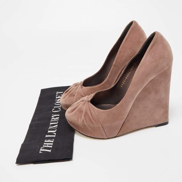Pre Owned Gina Dusty Pink Pleated Suede Wedge Pumps Size 38