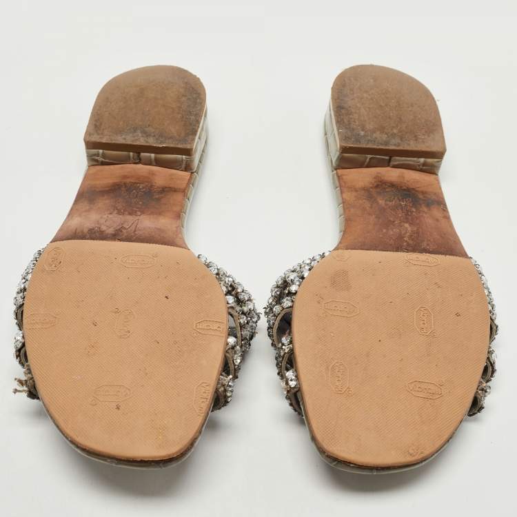 Pre Owned Gina Grey Croc Embossed Patent Leather Slide Flats Size 38.5  