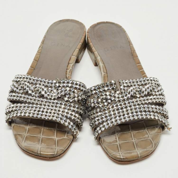 Pre Owned Gina Grey Croc Embossed Patent Leather Slide Flats Size 38.5  