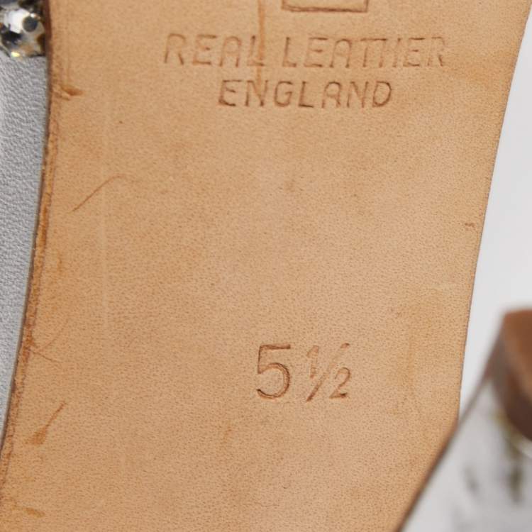 Pre Owned Gina Silver Leather Crystal Embellished Slide Sandals Size 38.5