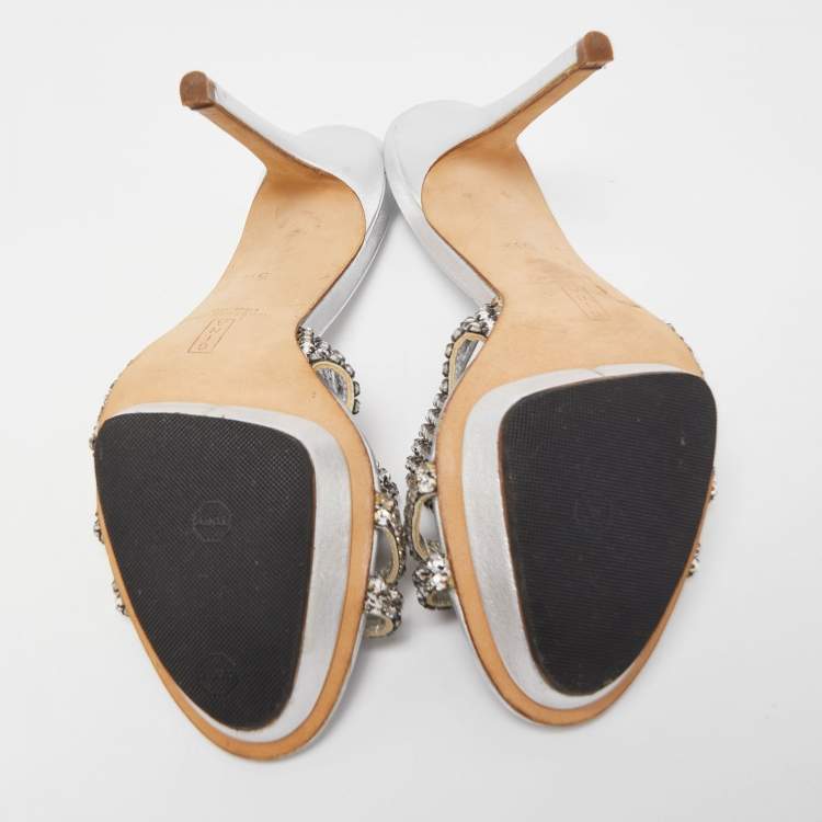 Pre Owned Gina Silver Leather Crystal Embellished Slide Sandals Size 38.5