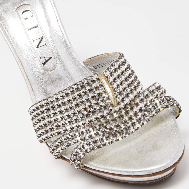 Pre Owned Gina Silver Leather Crystal Embellished Slide Sandals Size 38.5