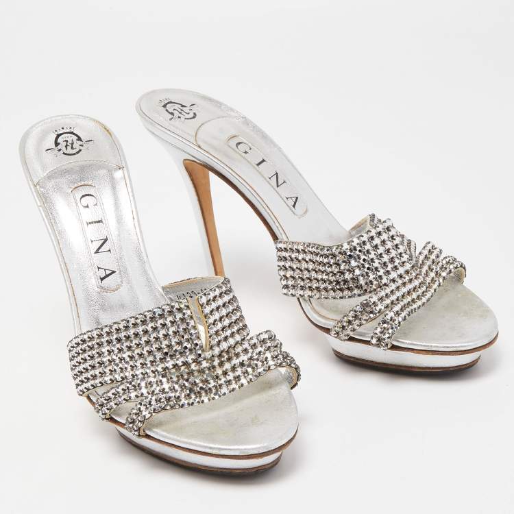Pre Owned Gina Silver Leather Crystal Embellished Slide Sandals Size 38.5