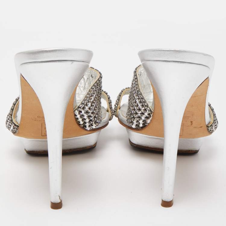 Pre Owned Gina Silver Leather Crystal Embellished Slide Sandals Size 38.5