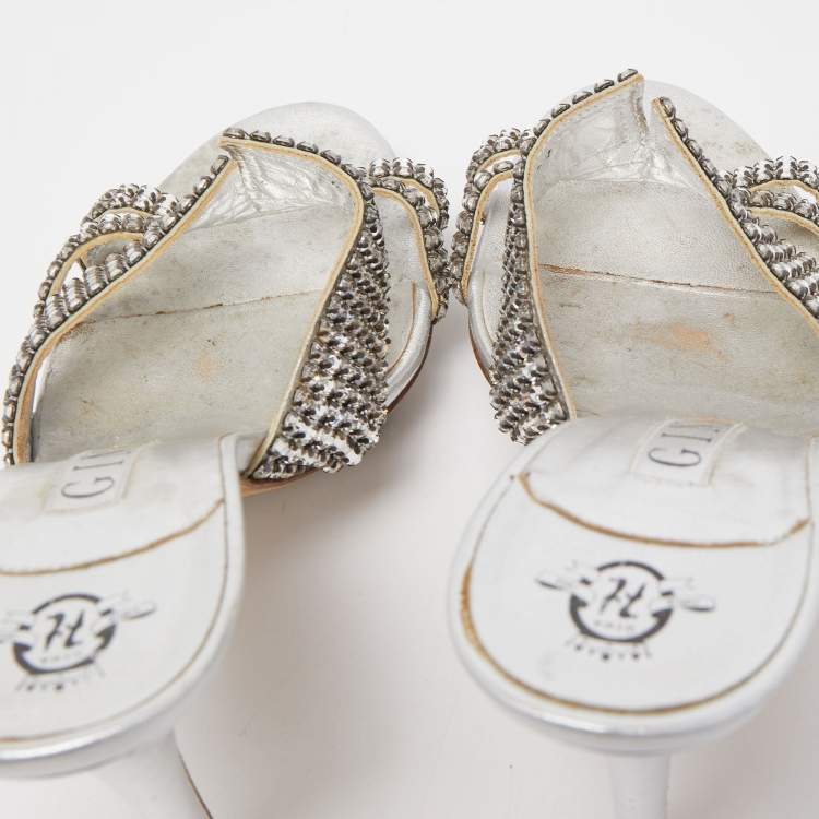 Pre Owned Gina Silver Leather Crystal Embellished Slide Sandals Size 38.5