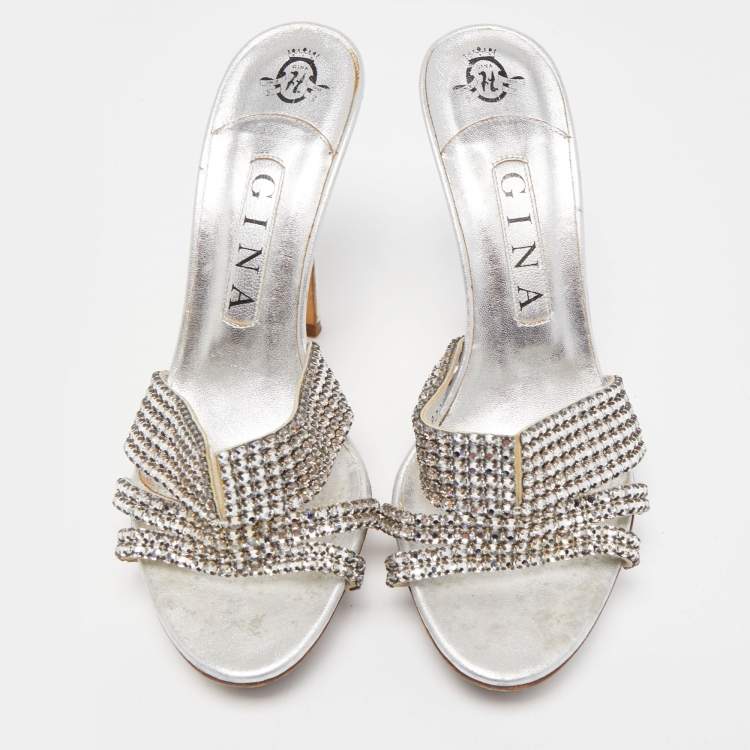 Pre Owned Gina Silver Leather Crystal Embellished Slide Sandals Size 38.5