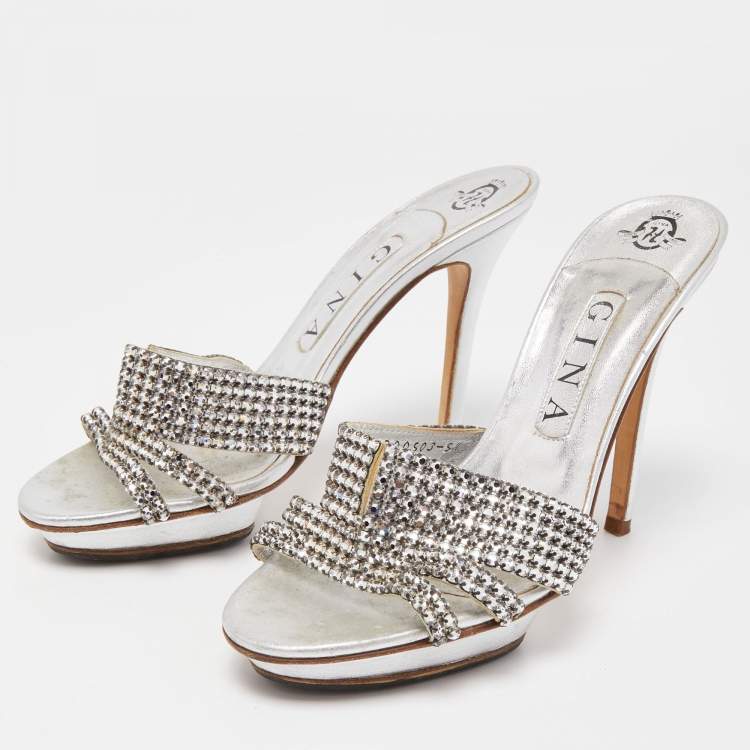 Pre Owned Gina Silver Leather Crystal Embellished Slide Sandals Size 38.5