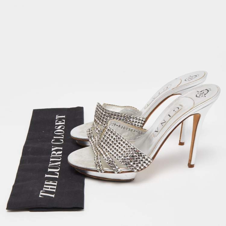 Pre Owned Gina Silver Leather Crystal Embellished Slide Sandals Size 38.5