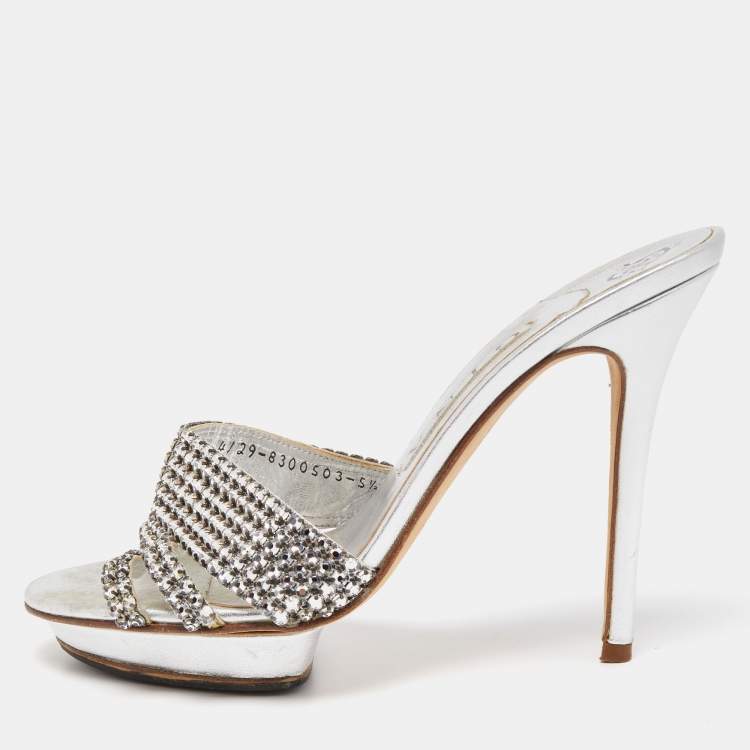 Pre Owned Gina Silver Leather Crystal Embellished Slide Sandals Size 38.5