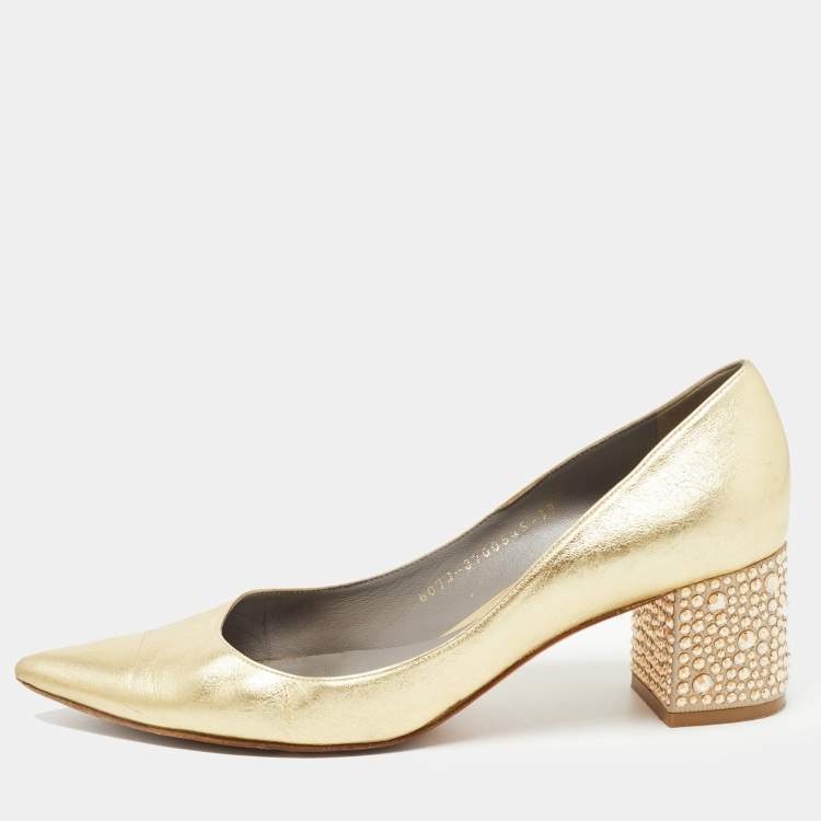 Pre Owned Gina Gold Leather Crystal Embellished Heel Pointed Toe Pumps Size 39