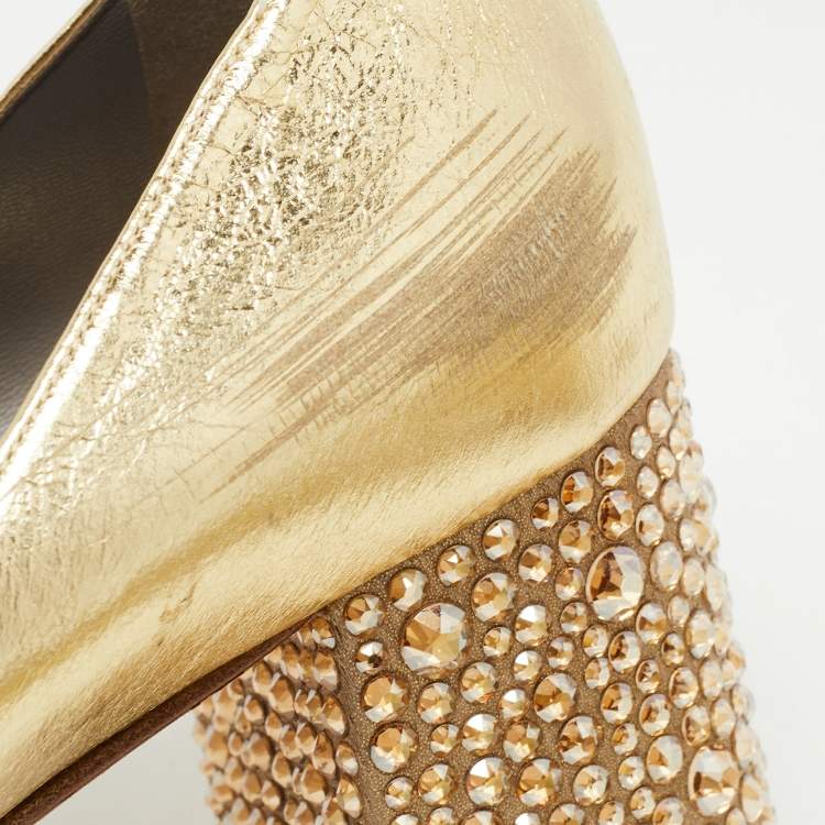 Pre Owned Gina Gold Leather Crystal Embellished Heel Pointed Toe Pumps Size 39