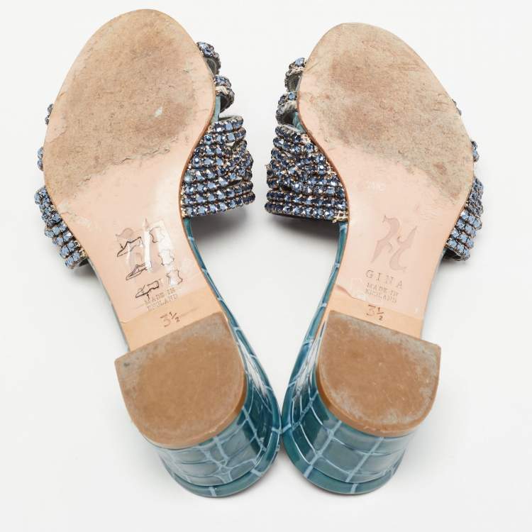 Pre Owned Gina Blue Croc Embossed Leather Crystal Embellished Loren Slides  Sandals Size 36.5