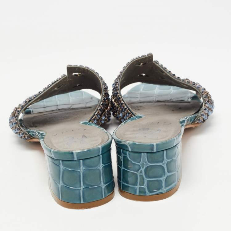 Pre Owned Gina Blue Croc Embossed Leather Crystal Embellished Loren Slides  Sandals Size 36.5