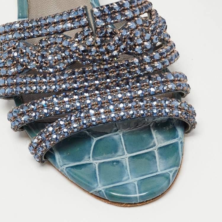 Pre Owned Gina Blue Croc Embossed Leather Crystal Embellished Loren Slides  Sandals Size 36.5