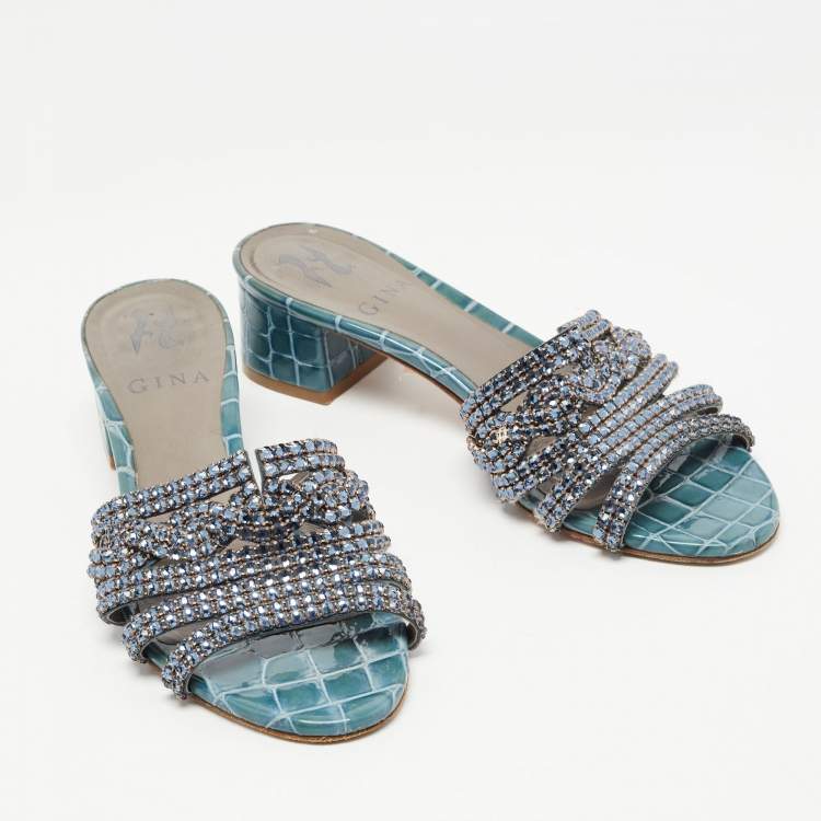 Pre Owned Gina Blue Croc Embossed Leather Crystal Embellished Loren Slides  Sandals Size 36.5