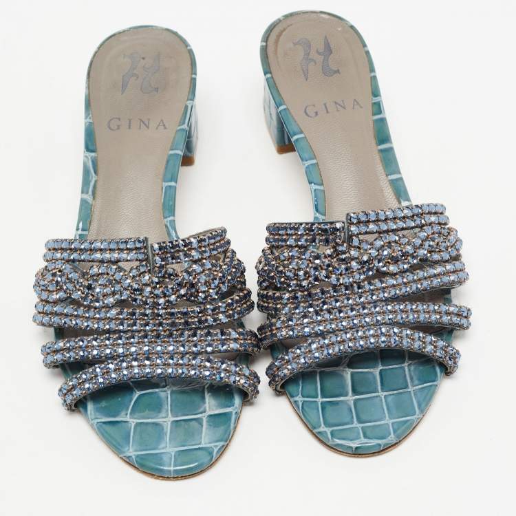 Pre Owned Gina Blue Croc Embossed Leather Crystal Embellished Loren Slides  Sandals Size 36.5