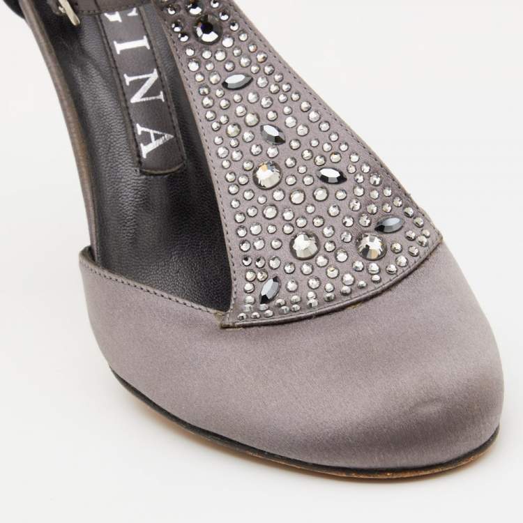 Pre Owned Gina Grey Satin Crystal Embellished T-Bar Ankle Strap Pumps Size 37