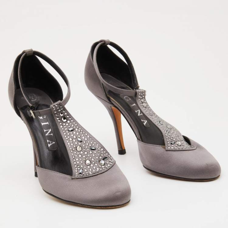 Pre Owned Gina Grey Satin Crystal Embellished T-Bar Ankle Strap Pumps Size 37