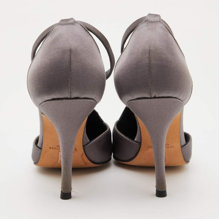 Pre Owned Gina Grey Satin Crystal Embellished T-Bar Ankle Strap Pumps Size 37