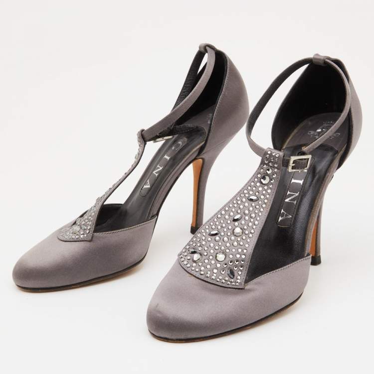Pre Owned Gina Grey Satin Crystal Embellished T-Bar Ankle Strap Pumps Size 37