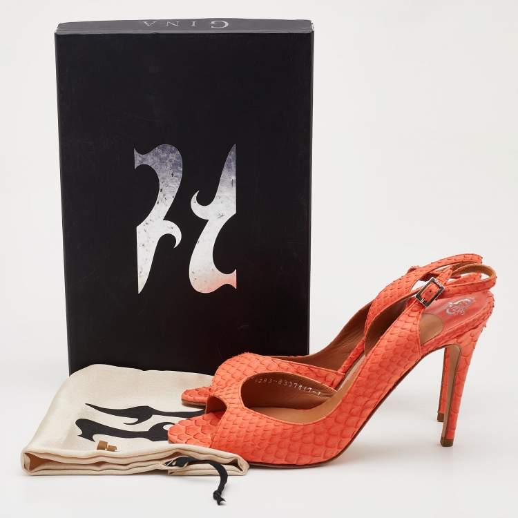 Pre Owned Gina Tangerine Python Peep Toe Ankle Strap Sandals Size 40