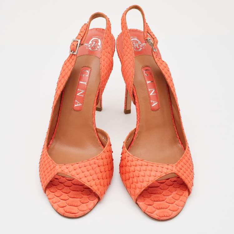 Pre Owned Gina Tangerine Python Peep Toe Ankle Strap Sandals Size 40