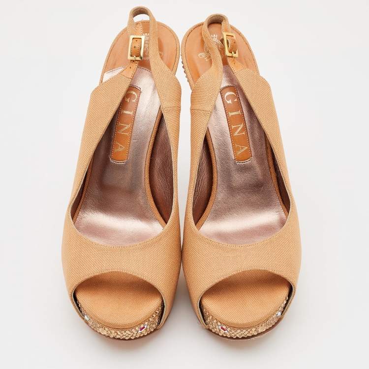 Pre Owned Gina Beige Canvas Crystal Embellished Peep Toe Slingback Platform Sandals Size 39.5