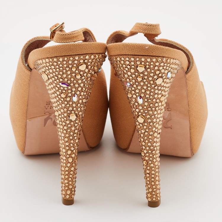 Pre Owned Gina Beige Canvas Crystal Embellished Peep Toe Slingback Platform Sandals Size 39.5