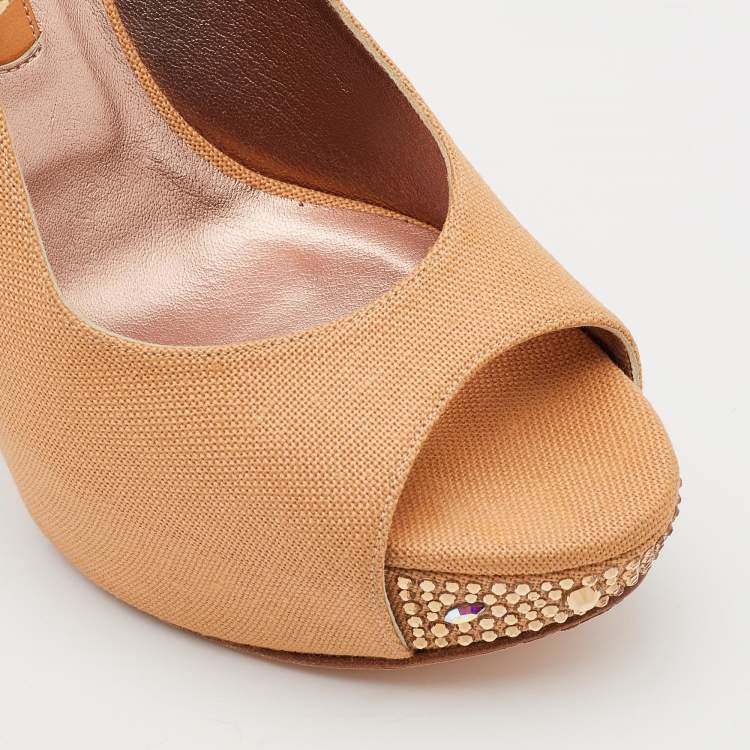 Pre Owned Gina Beige Canvas Crystal Embellished Peep Toe Slingback Platform Sandals Size 39.5