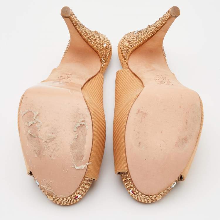 Pre Owned Gina Beige Canvas Crystal Embellished Peep Toe Slingback Platform Sandals Size 39.5