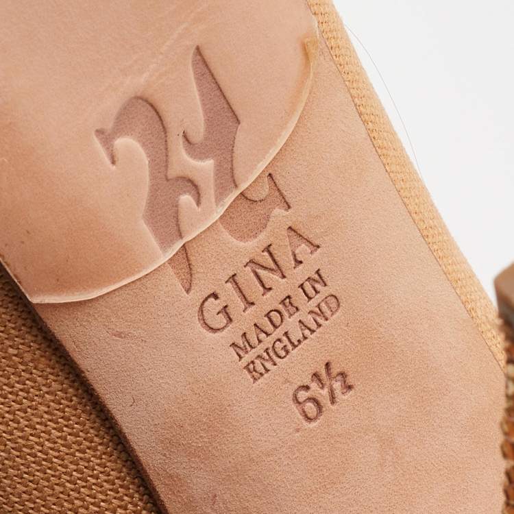 Pre Owned Gina Beige Canvas Crystal Embellished Peep Toe Slingback Platform Sandals Size 39.5