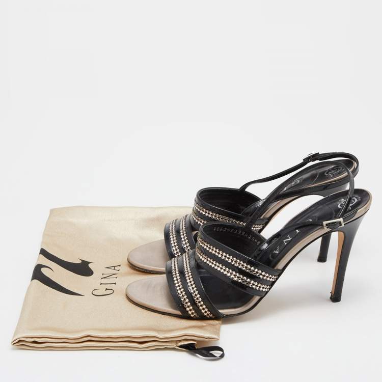 Pre Owned Gina Black Patent Leather Crystal Embellished Slingback Sandals Size 41