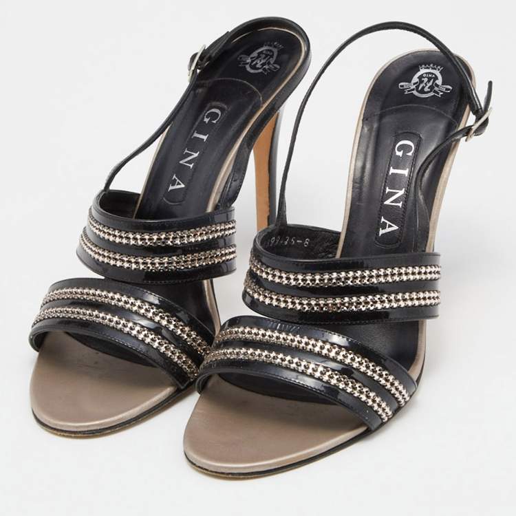 Pre Owned Gina Black Patent Leather Crystal Embellished Slingback Sandals Size 41