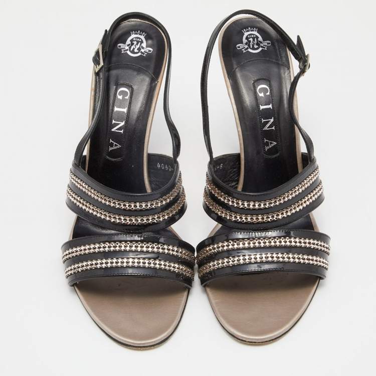 Pre Owned Gina Black Patent Leather Crystal Embellished Slingback Sandals Size 41
