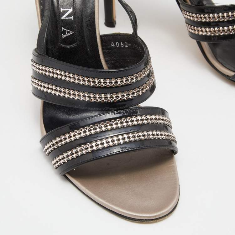 Pre Owned Gina Black Patent Leather Crystal Embellished Slingback Sandals Size 41