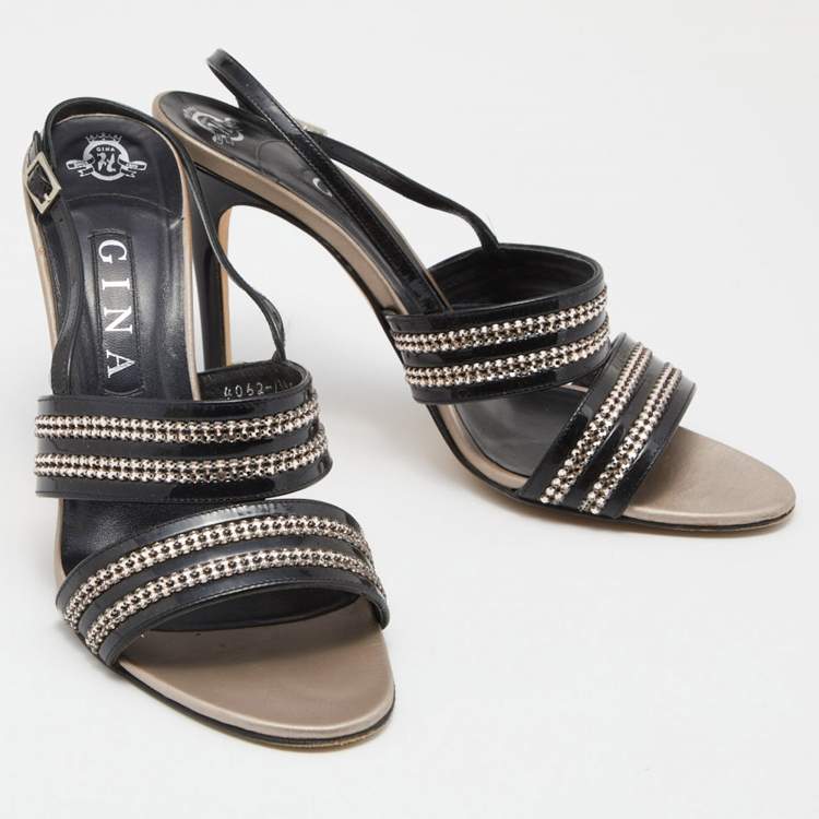Pre Owned Gina Black Patent Leather Crystal Embellished Slingback Sandals Size 41