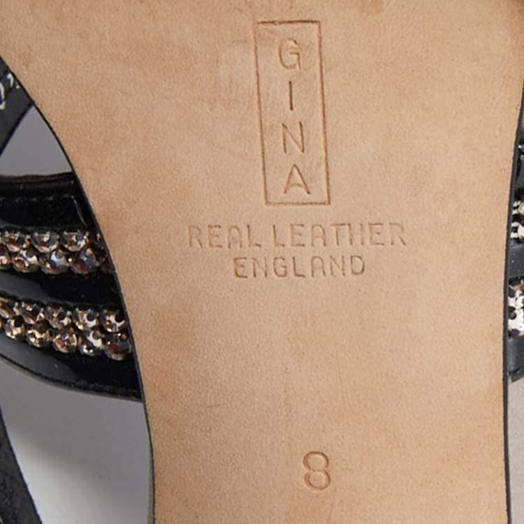 Pre Owned Gina Black Patent Leather Crystal Embellished Slingback Sandals Size 41